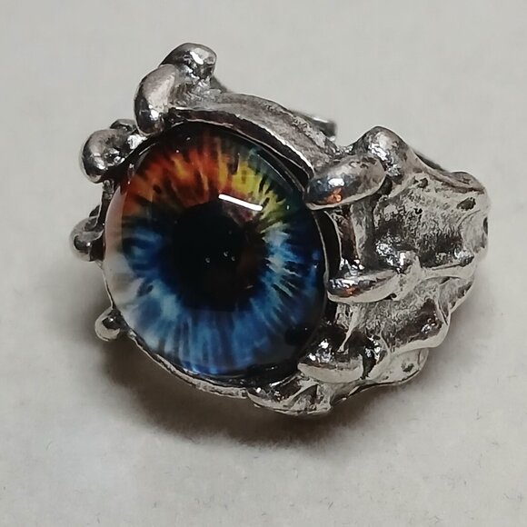 NWOT Fashion Jewelry Silver Tone Multi Color Eye Men's Ring Adjustable #7 - Picture 1 of 15